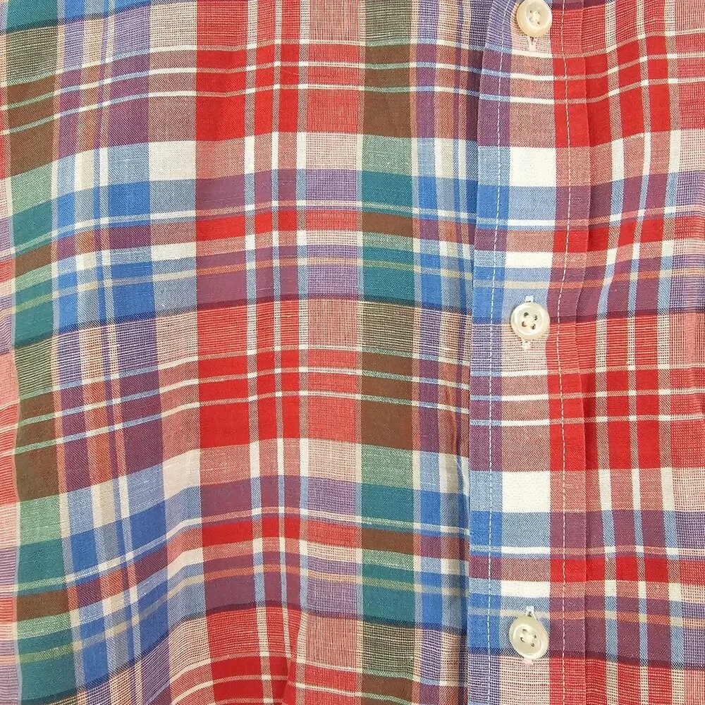 Ralph Lauren Chaps Linen Blend Colorful Plaid Shirt Mens Sz L Preppy Work Casual - Picture 2 of 9